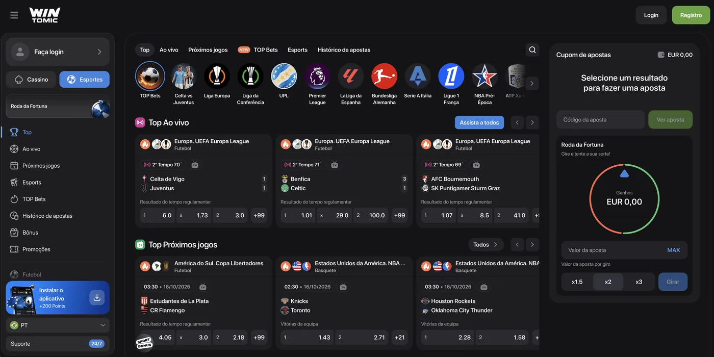 Wintomic sportsbook with Top Live matches, Copa Libertadores fixtures and the bet slip