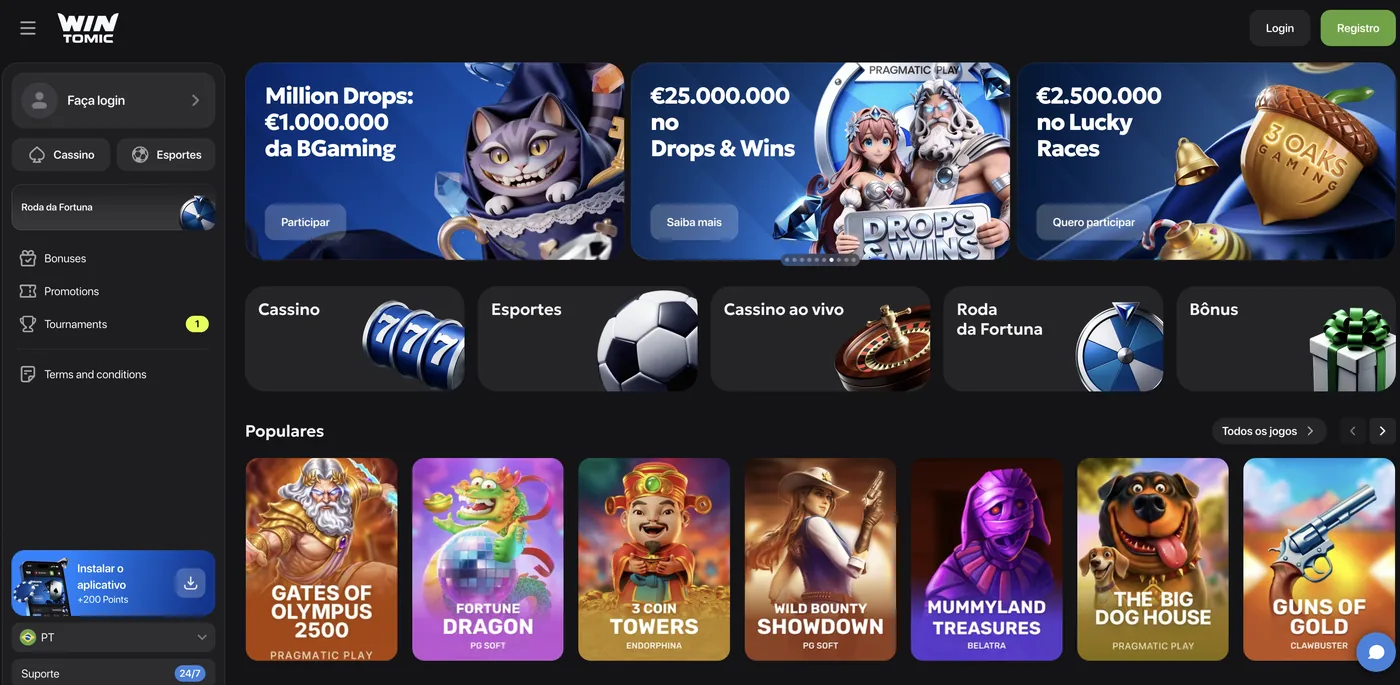 Wintomic Casino Brazil homepage with Million Drops, game categories and popular slots